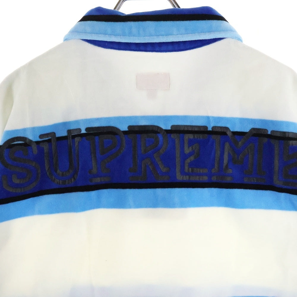 SUPREME(シュプリーム) 21SS Stripe Velour Polo ストライプ ロゴプリント ベロア 半袖ポロシャツ ホワイト/ブルー