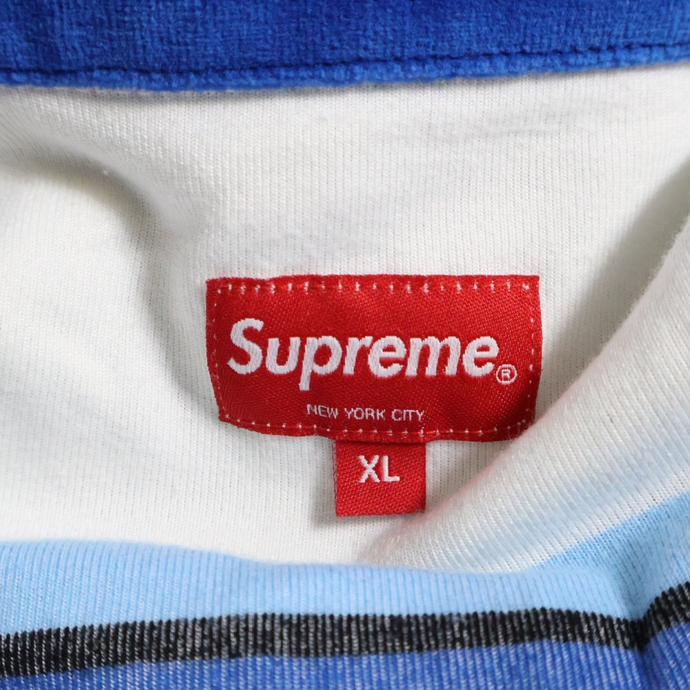 SUPREME(シュプリーム) 21SS Stripe Velour Polo ストライプ ロゴプリント ベロア 半袖ポロシャツ ホワイト/ブルー