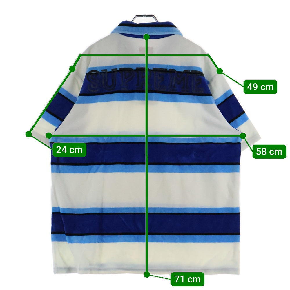 SUPREME(シュプリーム) 21SS Stripe Velour Polo ストライプ ロゴプリント ベロア 半袖ポロシャツ ホワイト/ブルー