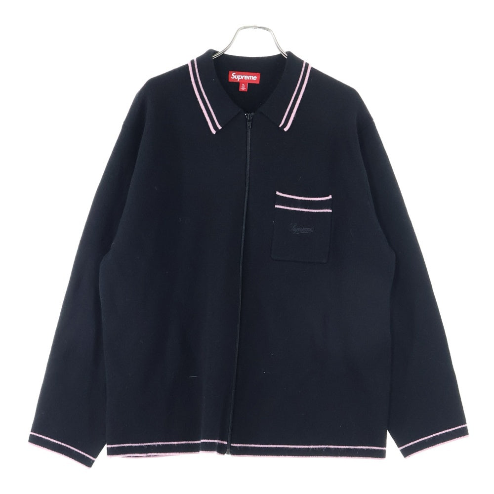 SUPREME(シュプリーム) 24AW Zip Up Polo Sweater フロントロゴ刺繍 ジップアップ ポロニットセーター ブラック/ピンク
