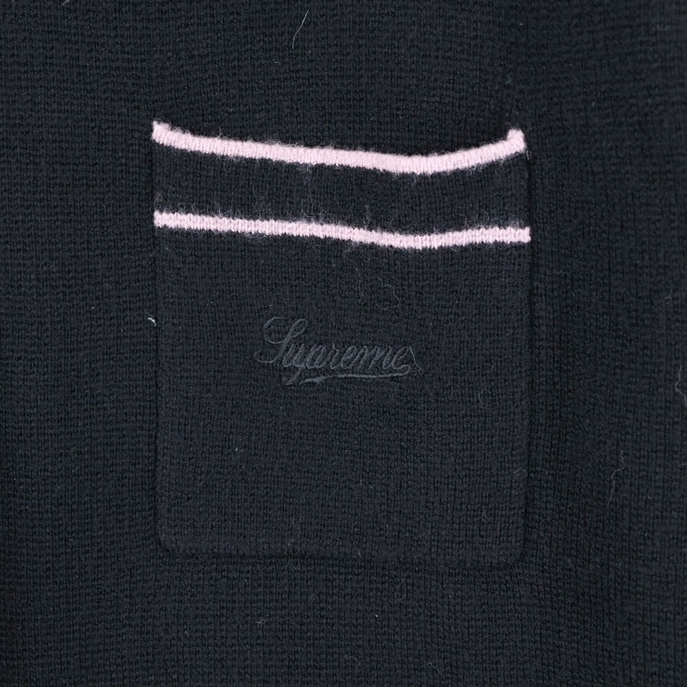 SUPREME(シュプリーム) 24AW Zip Up Polo Sweater フロントロゴ刺繍 ジップアップ ポロニットセーター ブラック/ピンク