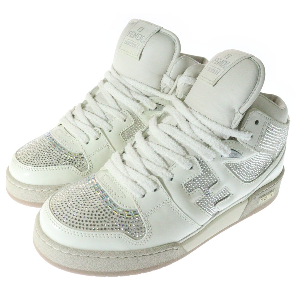 FENDI(フェンディ) FFロゴ ラインストーン レザー ミッドカットスニーカー ホワイト 7E1612 AN8K F014E