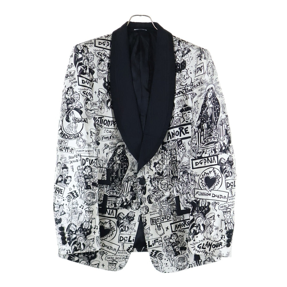 DOLCE & GABBANA(ドルチェアンドガッバーナ) 総柄 シルク ショールカラー タキシードジャケット ブラック/ホワイト G2MD7T/HS12F