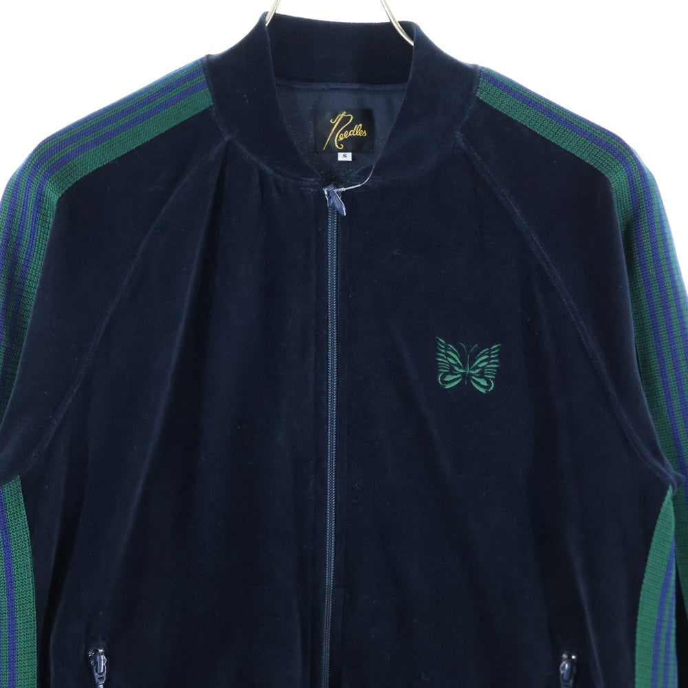 Needles(ニードルス) RIB COLLER TRACK JACKET リブカラーライン ベロア トラックジャケット ジャージ ネイビー/グリーン FK197