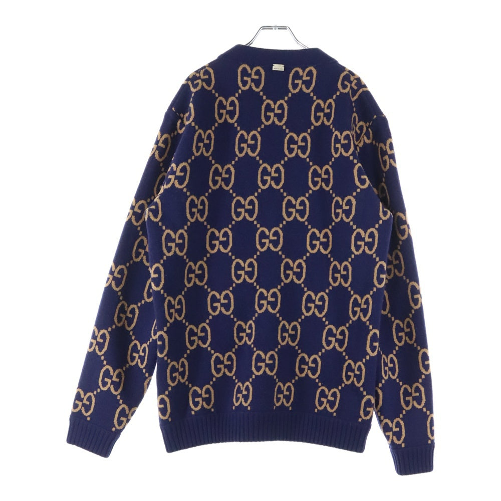 GUCCI(グッチ) GG総柄 チェック リバーシブル ニットカーディガン ネイビー/ブラウン 696576