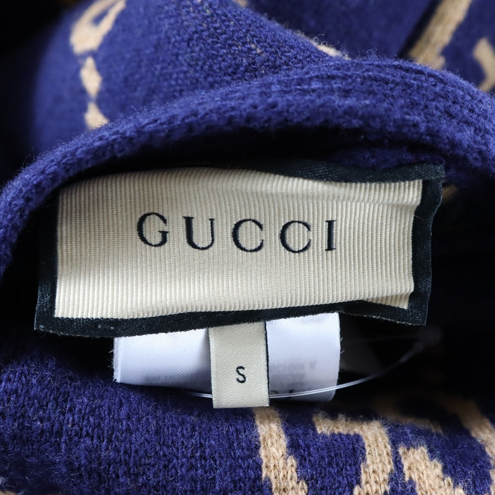 GUCCI(グッチ) GG総柄 チェック リバーシブル ニットカーディガン ネイビー/ブラウン 696576