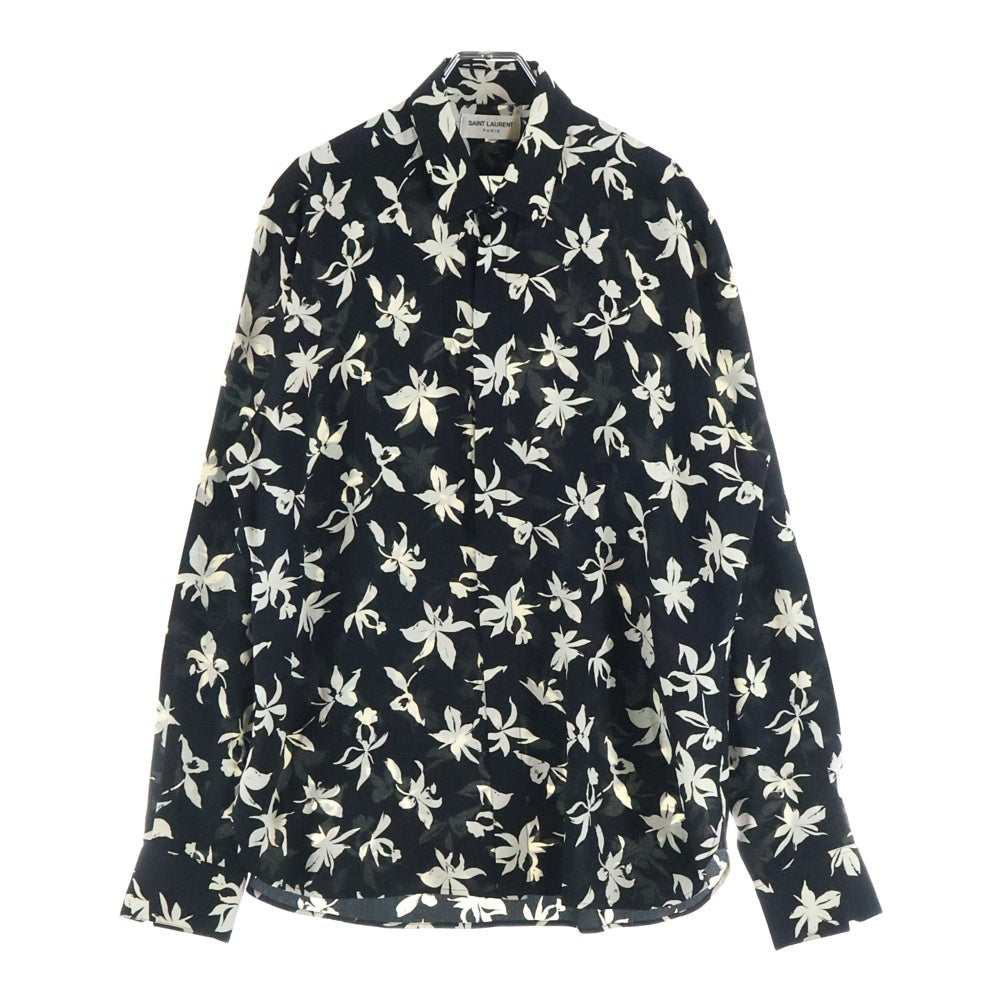 SAINT LAURENT PARIS(サンローランパリ) 21AW フローラル総柄 シルク 長袖シャツ ブラック 646850