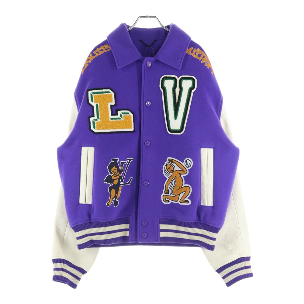 LOUIS VUITTON(ルイヴィトン) 22AW Multi Pached Mix Leather Varsity Blouson マルチパッチミックスレザーバーシティブルゾン ジャケット スタジャン パープル/ホワイト RM222 MJY HNL90E
