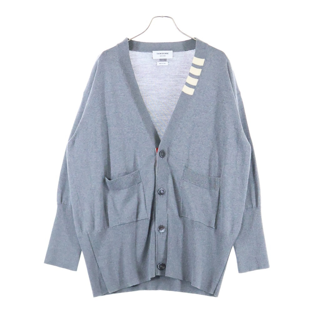THOM BROWNE(トムブラウン) Vネック トリコロール ウール ニット オーバーサイズ カーディガン グレー MKC335A-Y1002055