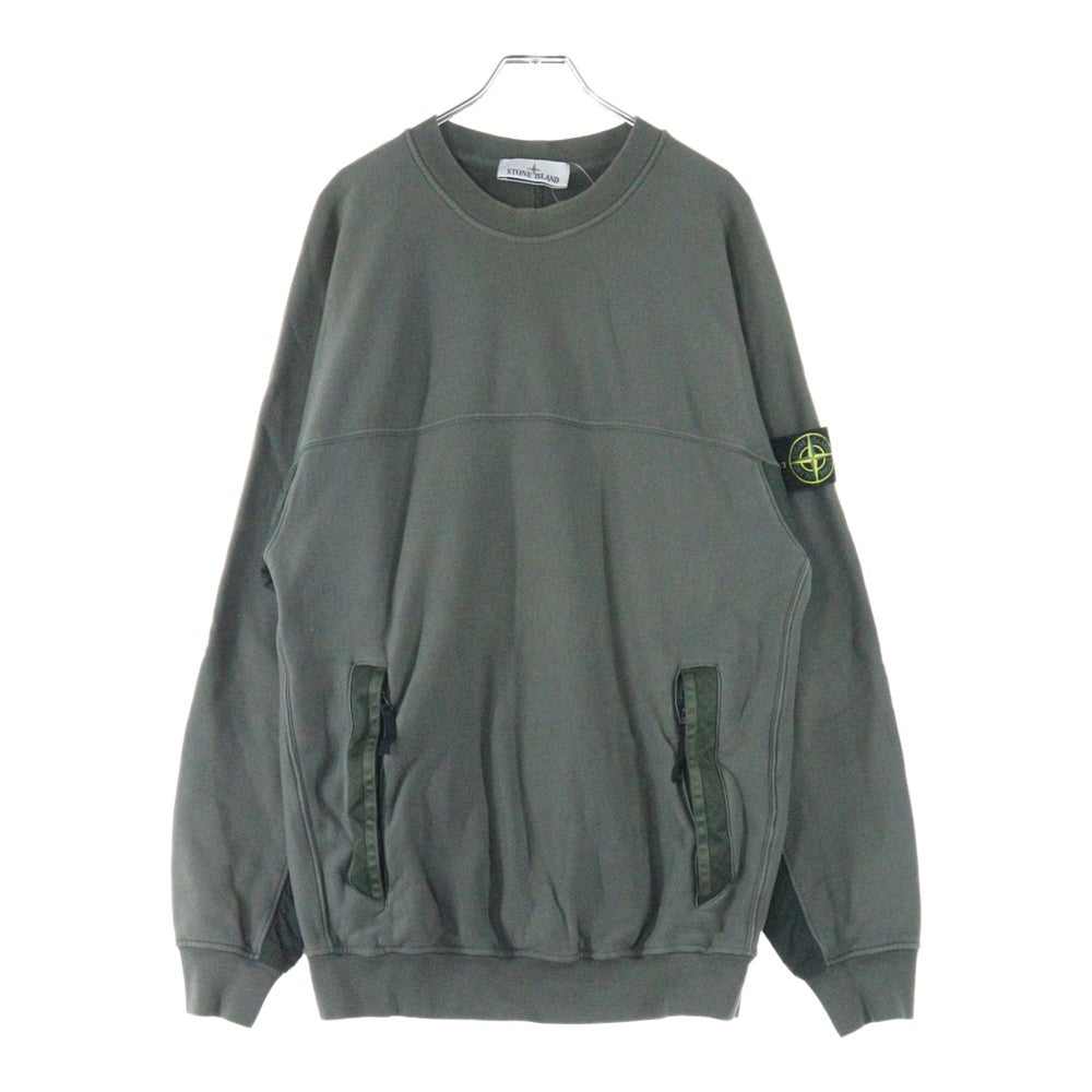 STONE ISLAND(ストーンアイランド) 24SS ワッペンロゴ ナイロン切替 クルーネック スウェット トレーナー カーキ 801560154