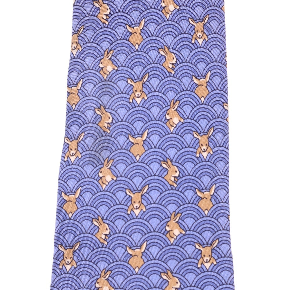 HERMES(エルメス) 総柄 ウサギ シルク ネクタイ ブルー/ベージュ