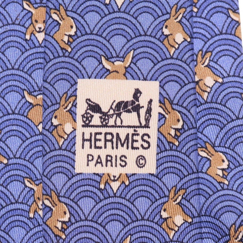 HERMES(エルメス) 総柄 ウサギ シルク ネクタイ ブルー/ベージュ