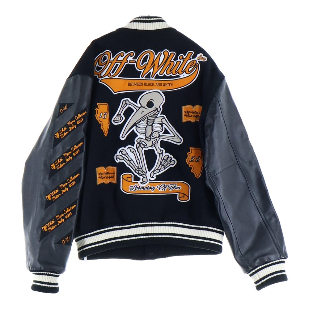 OFF-WHITE(オフホワイト) 21AW Leather Varsity Jacket ロゴワッペン 袖レザー切り替え バーシティジャケット スタジャン ブルゾン ブラック OMJA059F21LEA001