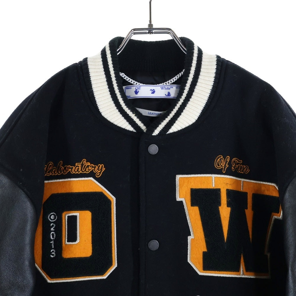 OFF-WHITE(オフホワイト) 21AW Leather Varsity Jacket ロゴワッペン 袖レザー切り替え バーシティジャケット スタジャン ブルゾン ブラック OMJA059F21LEA001