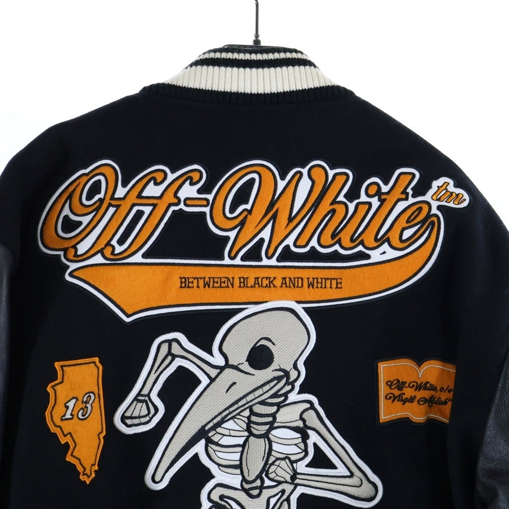 OFF-WHITE(オフホワイト) 21AW Leather Varsity Jacket ロゴワッペン 袖レザー切り替え バーシティジャケット スタジャン ブルゾン ブラック OMJA059F21LEA001