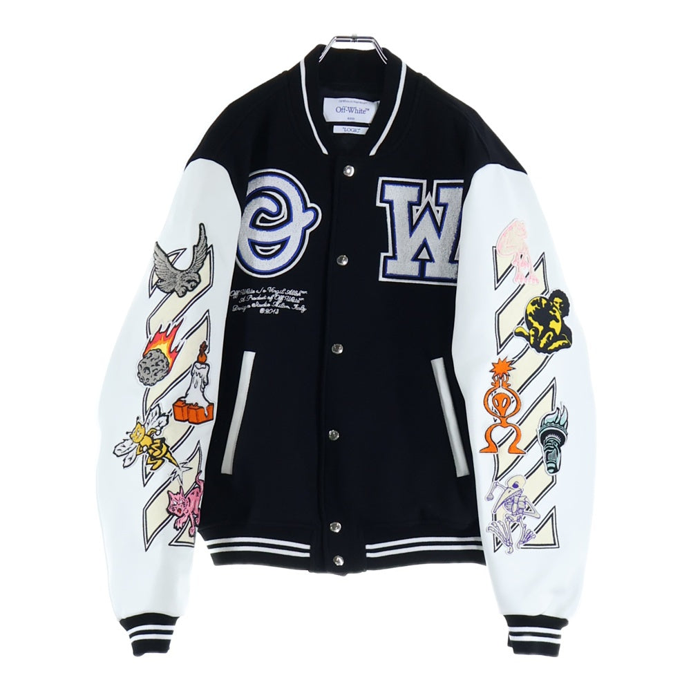 OFF-WHITE(オフホワイト) 23AW Logic Bomber Jacket ロゴワッペン 袖レザー切り替え ロジック ボンバージャケット スタジャン ブラック OMJA059G23LEA001