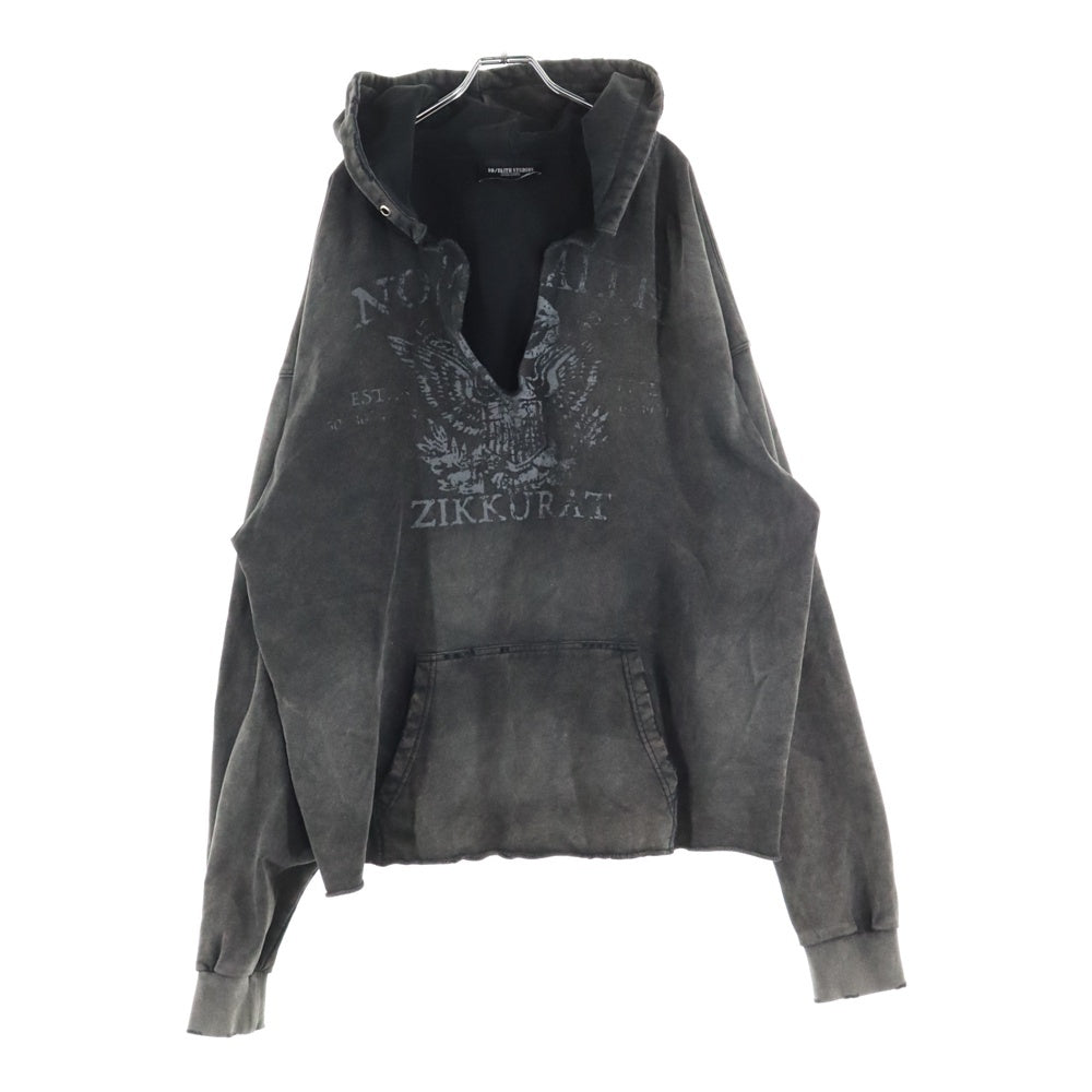 NO/FAITH STUDIOS(ノーフェイスストゥディオス) 24AW LOOSE FIT HOODIE ダメージ加工 フロントプリント Vネック プルオーバー ルーズフィット スウェットパーカー フーディ ブラック