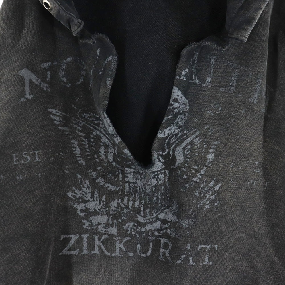 NO/FAITH STUDIOS(ノーフェイスストゥディオス) 24AW LOOSE FIT HOODIE ダメージ加工 フロントプリント Vネック プルオーバー ルーズフィット スウェットパーカー フーディ ブラック