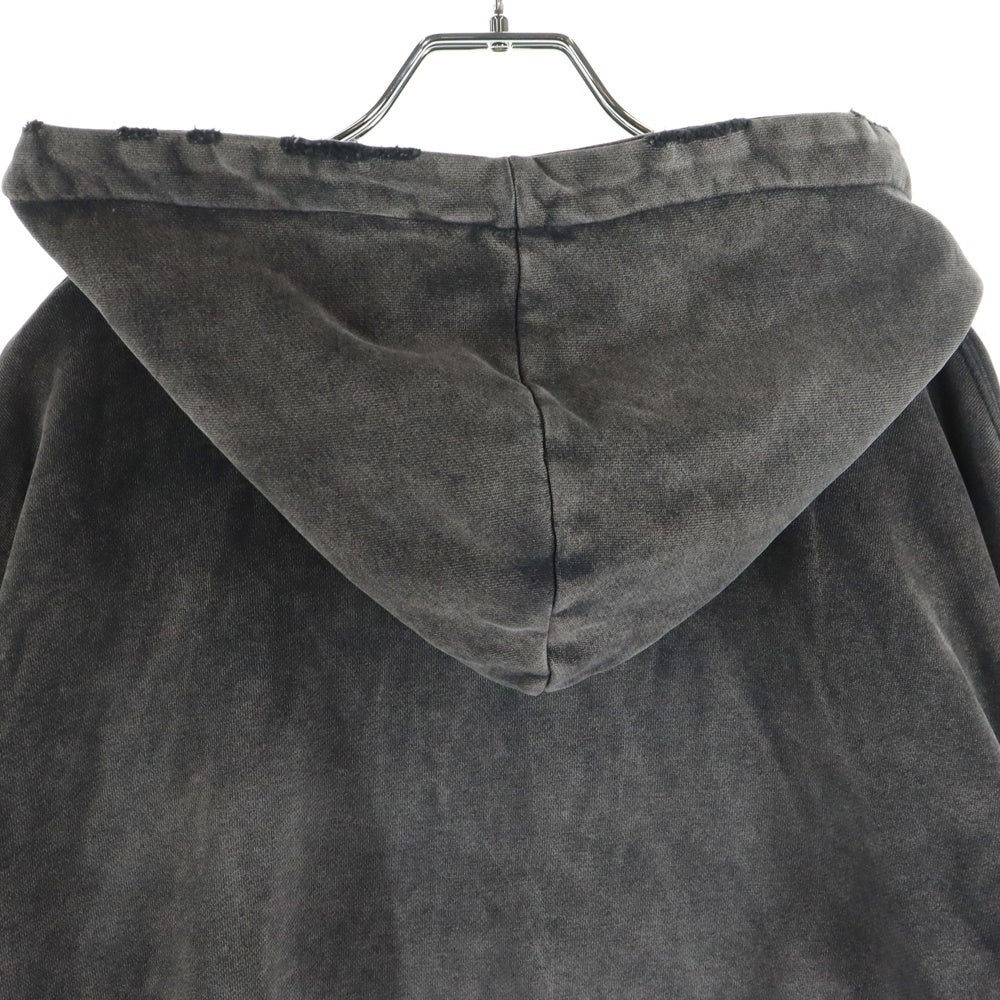 NO/FAITH STUDIOS(ノーフェイスストゥディオス) 24AW LOOSE FIT HOODIE ダメージ加工 フロントプリント Vネック プルオーバー ルーズフィット スウェットパーカー フーディ ブラック