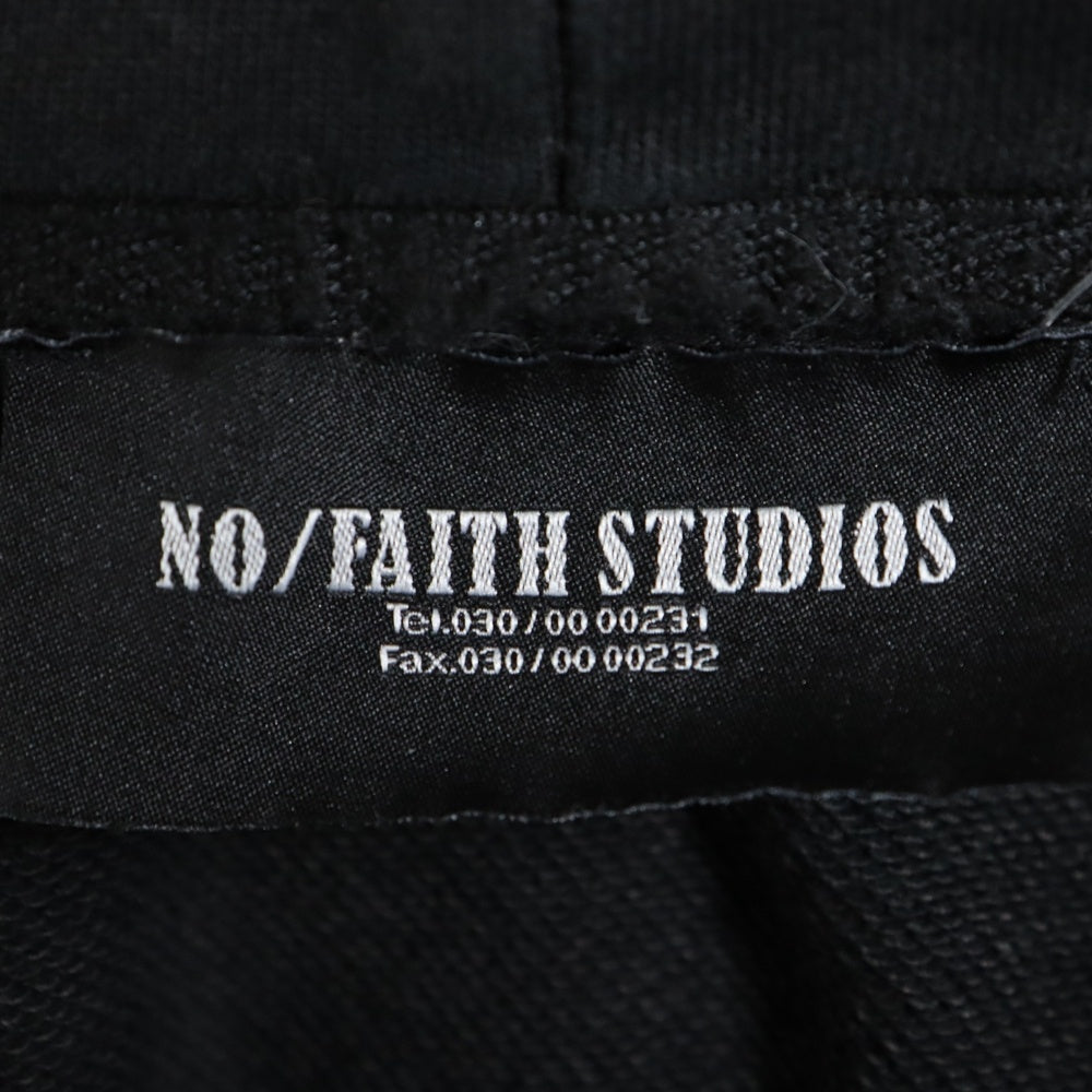 NO/FAITH STUDIOS(ノーフェイスストゥディオス) 24AW LOOSE FIT HOODIE ダメージ加工 フロントプリント Vネック プルオーバー ルーズフィット スウェットパーカー フーディ ブラック