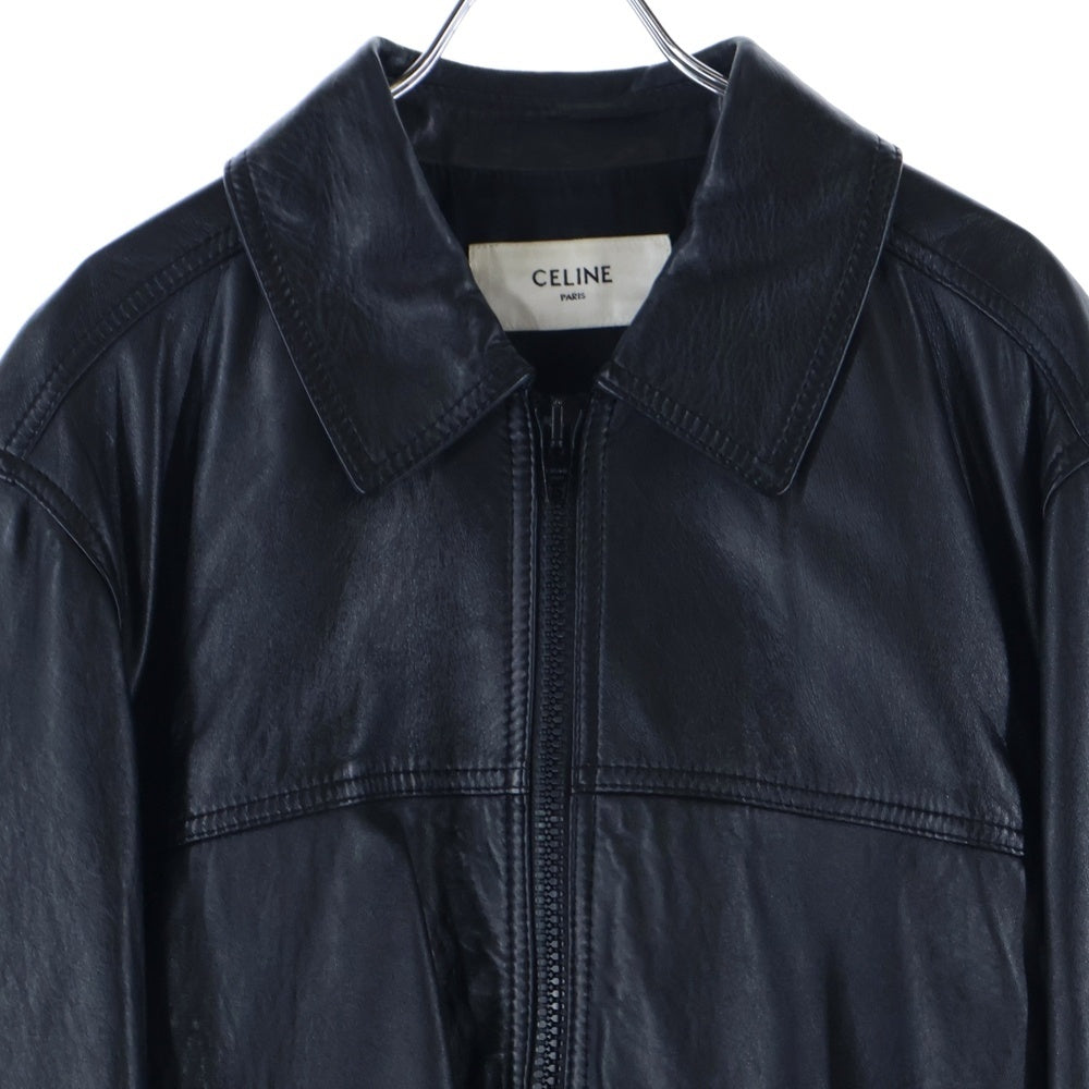 CELINE(セリーヌ) 23SS PARANOIR CITY CELINE EMBROIDERED BLOUSON ロゴ ラインストーン レザージャケット ブラック 2EF22577H