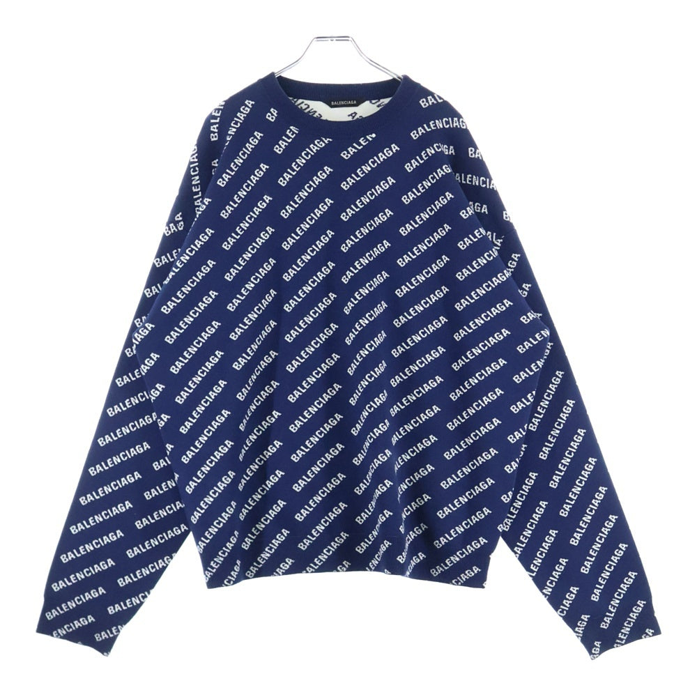 BALENCIAGA(バレンシアガ) 23AW オールオーバーロゴ ジャガード クルーネック ニットセーター ネイビー 736247 T3233