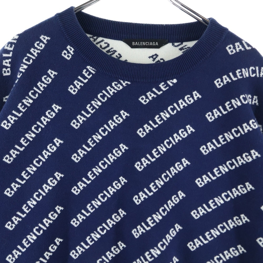 BALENCIAGA(バレンシアガ) 23AW オールオーバーロゴ ジャガード クルーネック ニットセーター ネイビー 736247 T3233