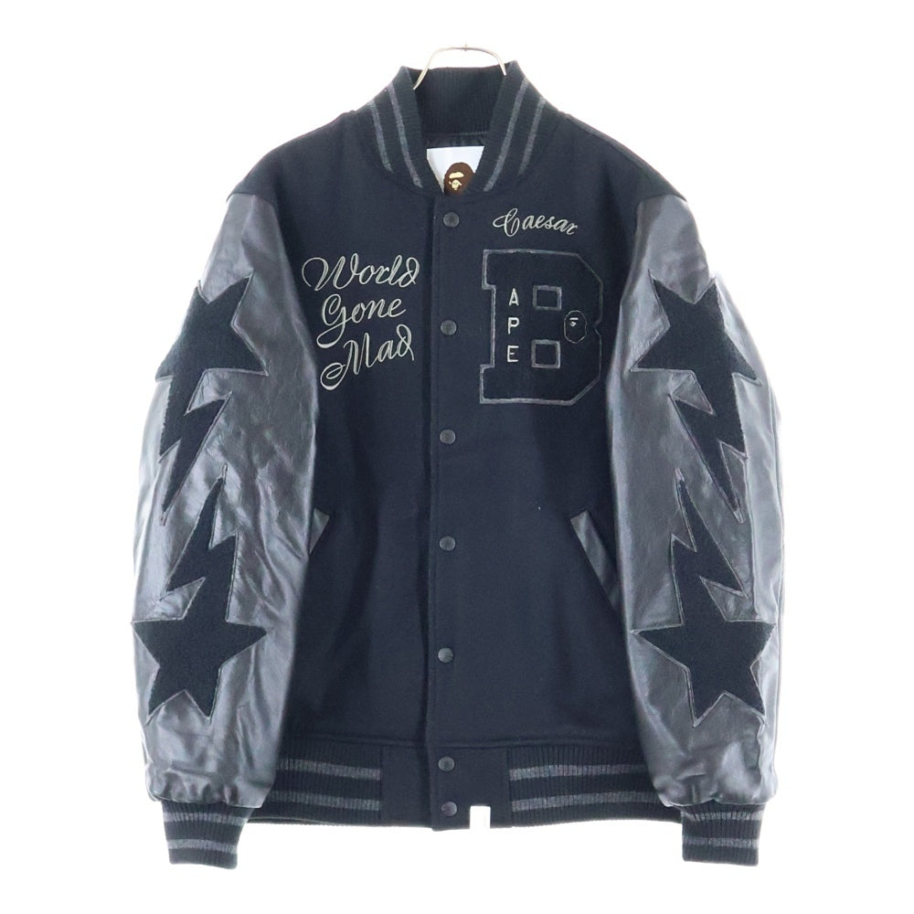 A BATHING APE(アベイシングエイプ) BAPE VARSITY JACKET レザー切替 べイプ バーシティジャケット ブラック 001HJH801008M