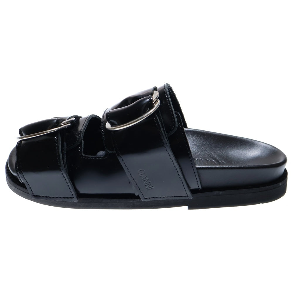 GANNI(ガニー) シルバーバックル ストラップ付き レザーサンダル ブラック レディース S0932