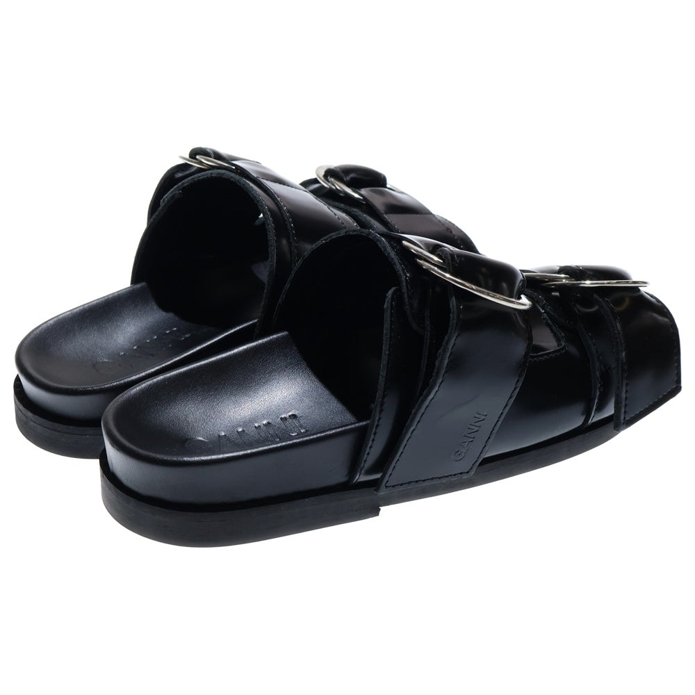 GANNI(ガニー) シルバーバックル ストラップ付き レザーサンダル ブラック レディース S0932