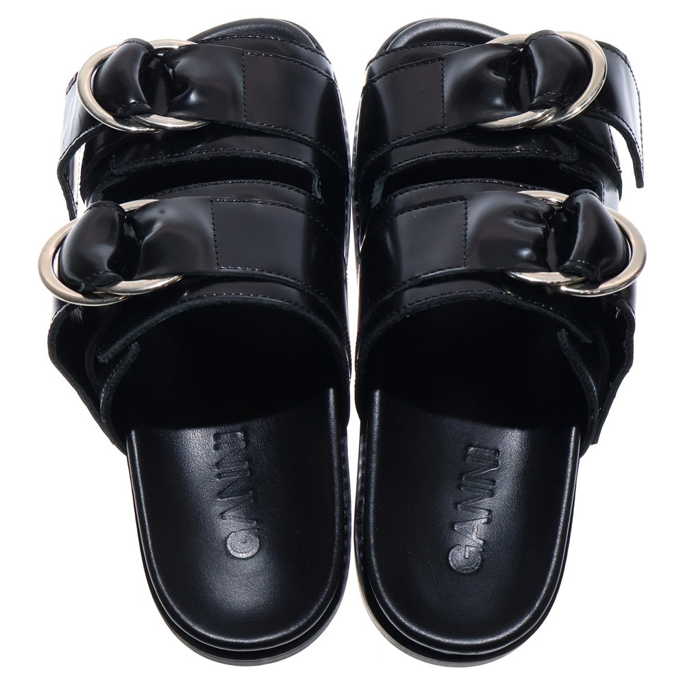 GANNI(ガニー) シルバーバックル ストラップ付き レザーサンダル ブラック レディース S0932