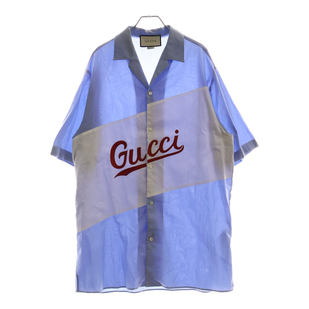 GUCCI(グッチ) Script Logo Oversized Bowling Shirt スクリプト ロゴ オーバーサイズ ボーリング 半袖シャツ ブルー/ホワイト 619033