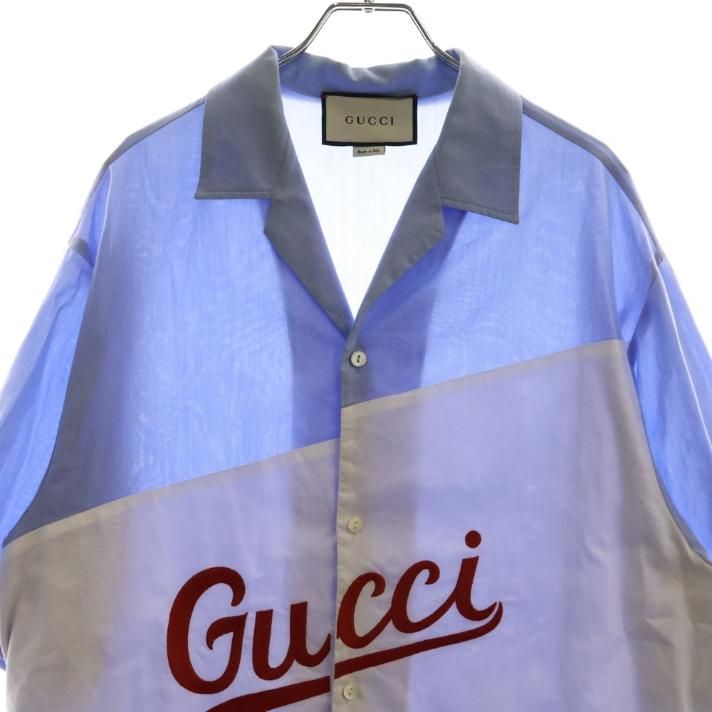 GUCCI(グッチ) Script Logo Oversized Bowling Shirt スクリプト ロゴ オーバーサイズ ボーリング 半袖シャツ ブルー/ホワイト 619033