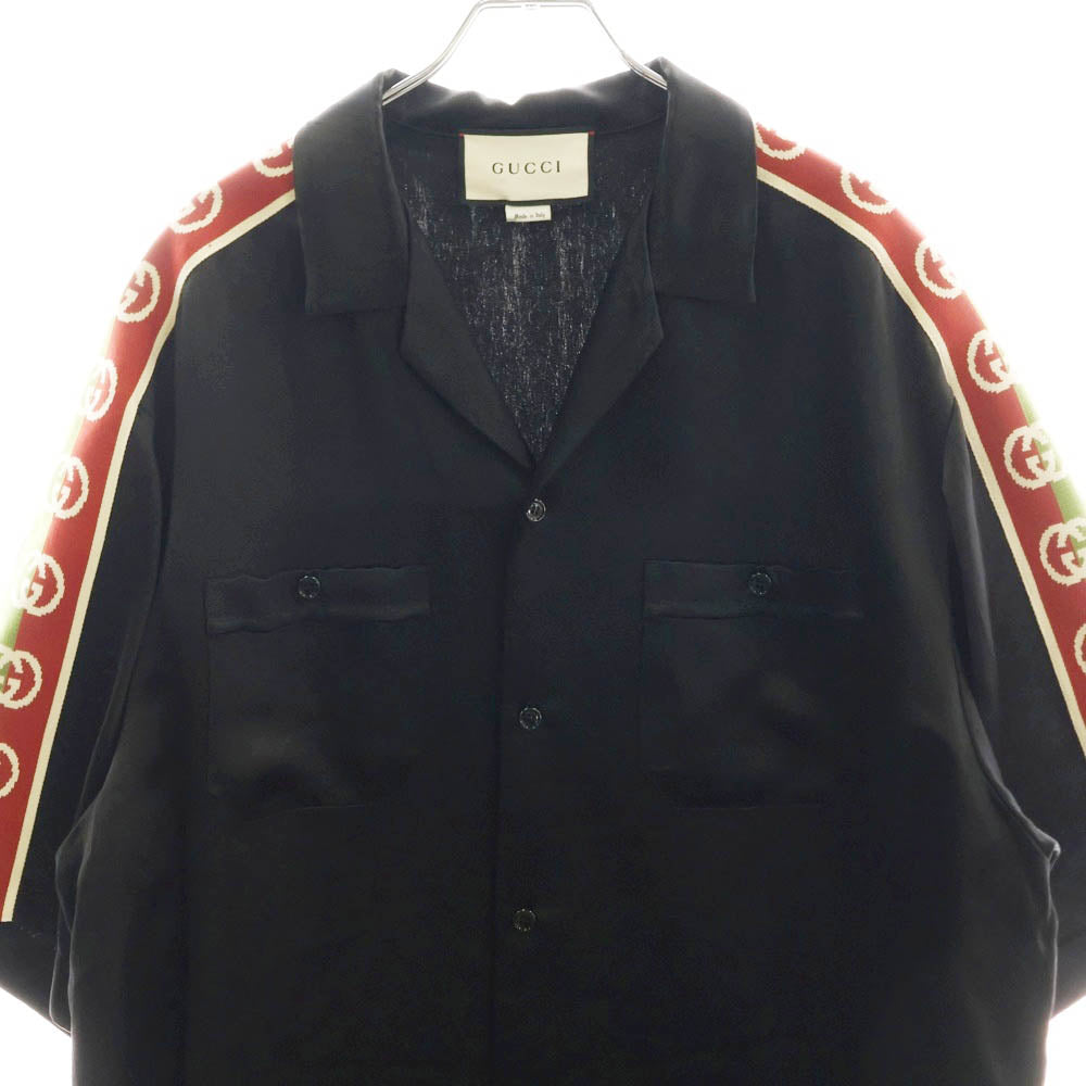 GUCCI(グッチ) Taped Logo Silk Vacation Shirt テープロゴ シルク オープンカラー 半袖シャツ ブラック 619025