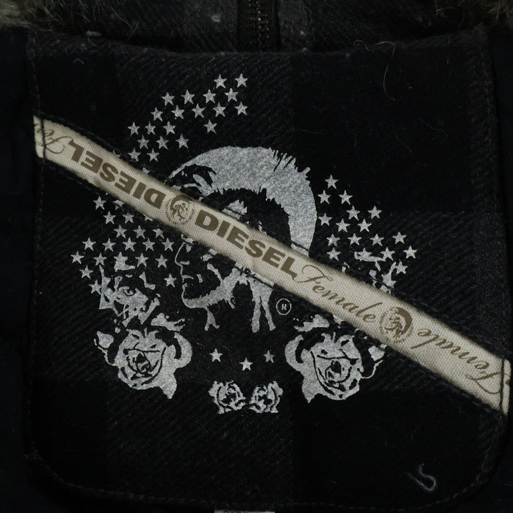 DIESEL(ディーゼル) チェック柄 キルティング ファーダッフルコート ブラック