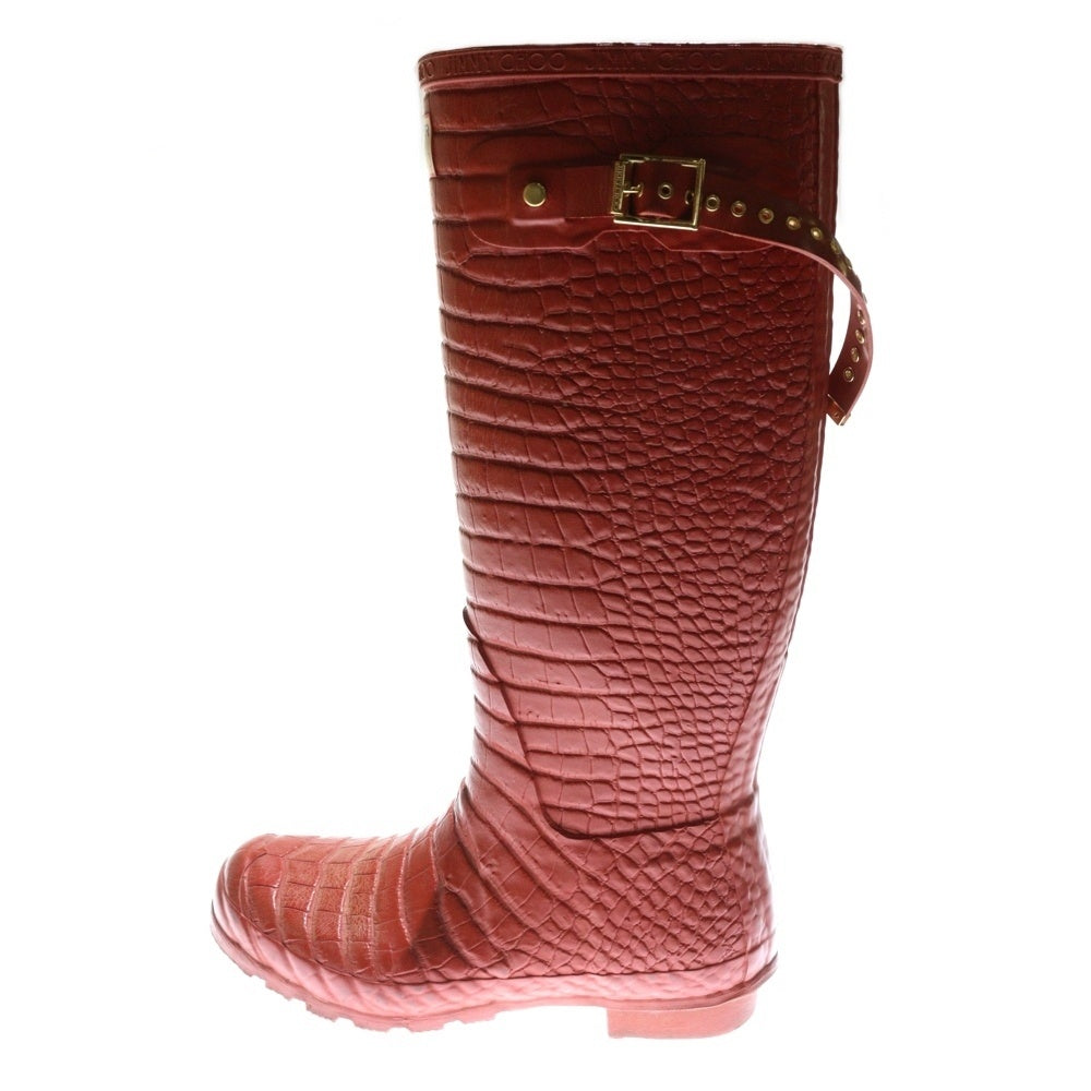HUNTER(ハンター) ×Jimmy Choo 型押し ロング レインブーツ レッド レディース