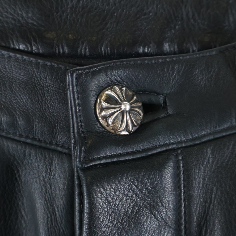 CHROME HEARTS(クロムハーツ) LTHR PANTS クロスボールボタン 5ポケット フレアニー ボタンフライ レザー ストレートパンツ ブラック