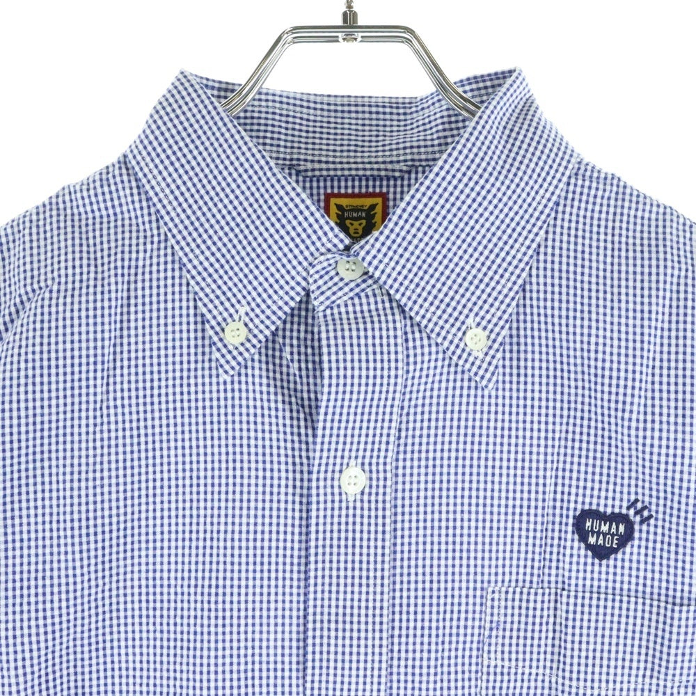HUMAN MADE(ヒューマンメイド) ギンガムチェック ロゴパッチ フロントポケット ボタンダウン 半袖シャツ ブルー HM23SH007