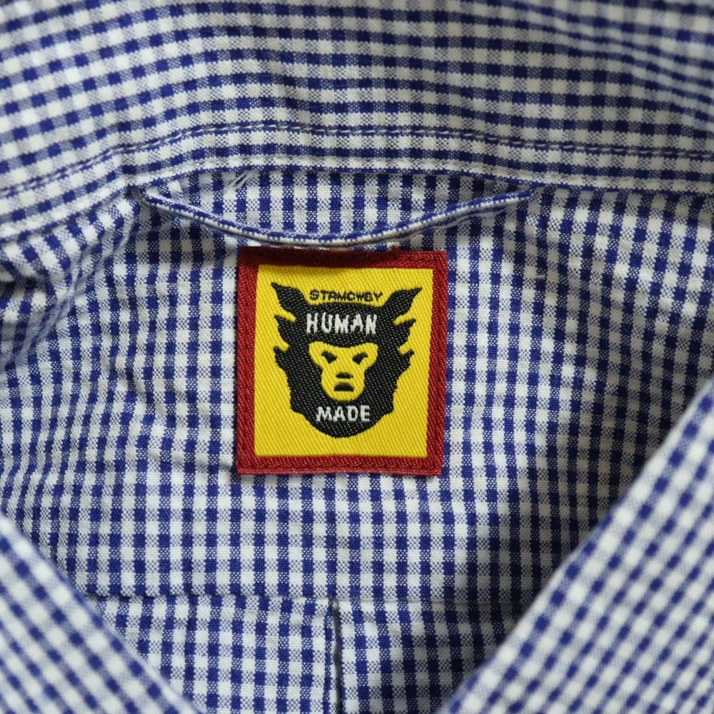 HUMAN MADE(ヒューマンメイド) ギンガムチェック ロゴパッチ フロントポケット ボタンダウン 半袖シャツ ブルー HM23SH007