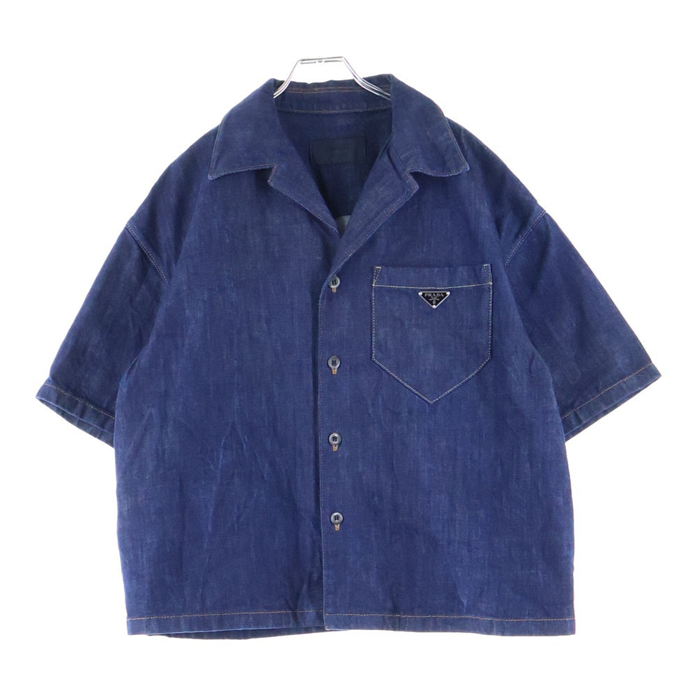 PRADA(プラダ) 24SS トライアングルロゴプレート オープンカラー 半袖 デニム シャツ インディゴ GEC068