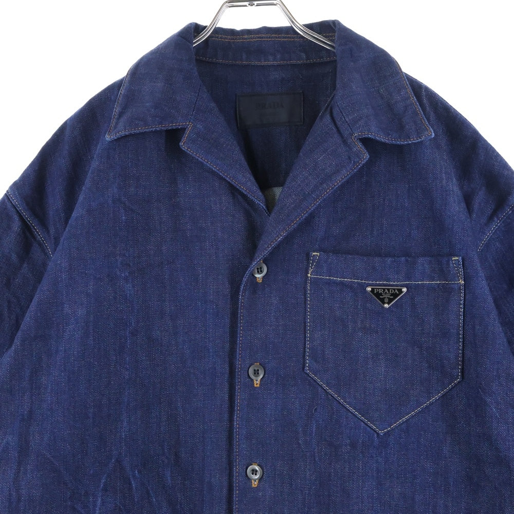 PRADA(プラダ) 24SS トライアングルロゴプレート オープンカラー 半袖 デニム シャツ インディゴ GEC068