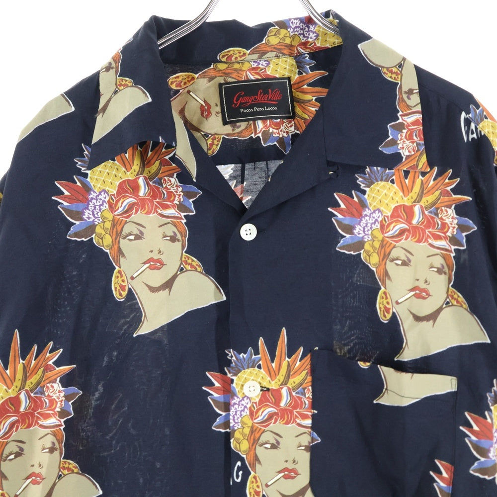 GANGSTERVILLE(ギャングスタービル) オープンカラー 長袖レーヨンシャツ ネイビー