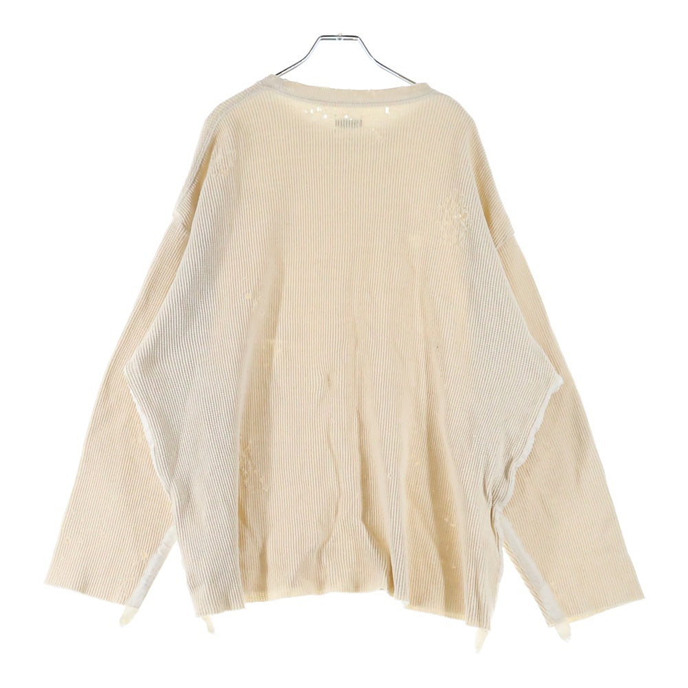 Name.(ネーム) WAFFLE TAPED LOOSE SLEEVE DAMAGE TEE ワッフル ダメージ加工 クルーネック 長袖Tシャツ カットソー ベージュ NMCU-FI004