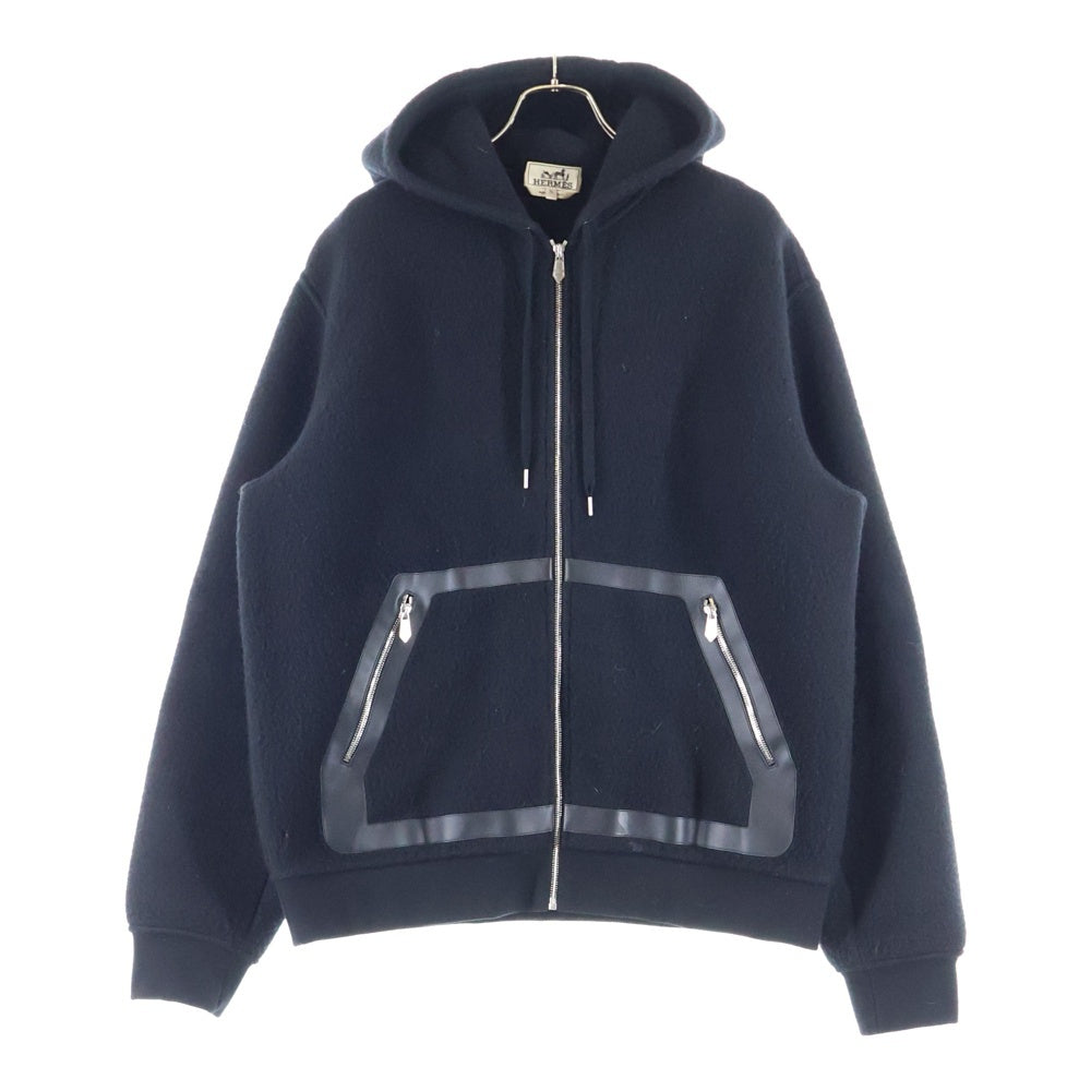 HERMES(エルメス) 22AW レザーパイピング カシミヤ ジップアップフーデッド ジャケット ブラック