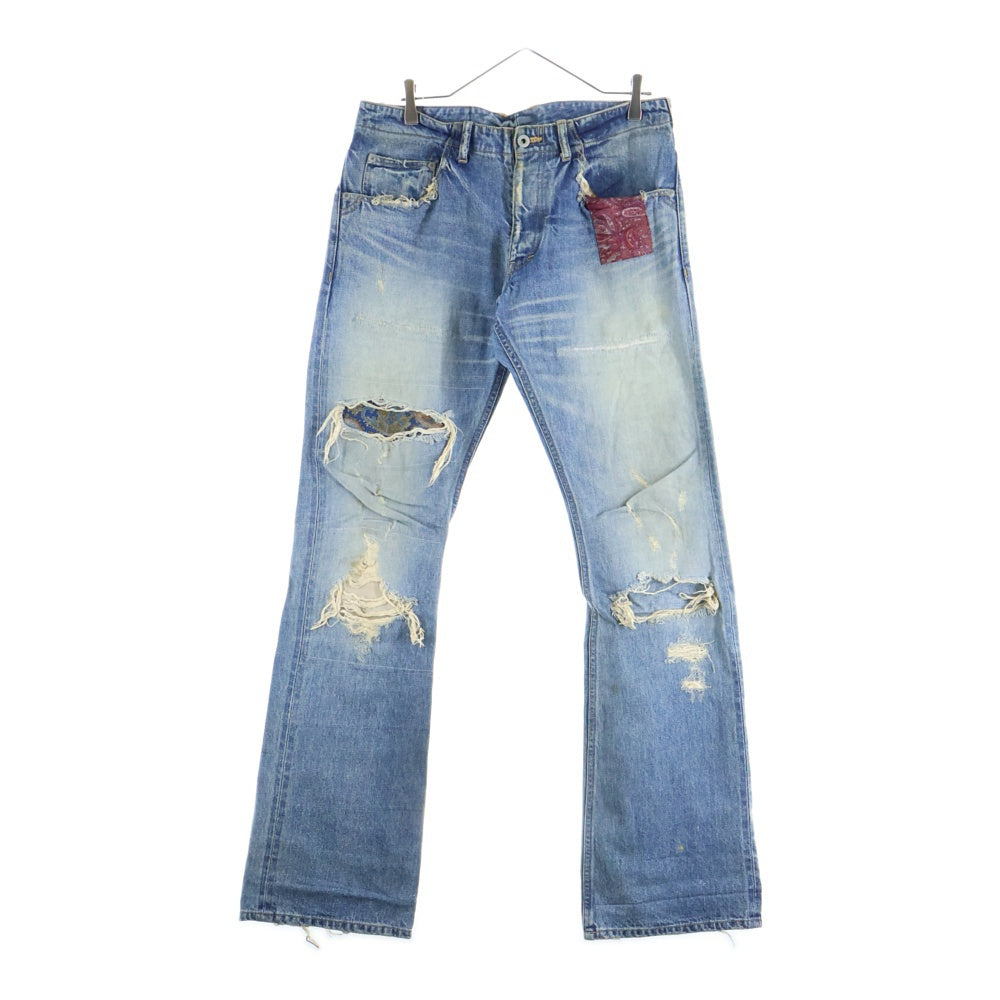 ISAMU KATAYAMA BACKLASH(イサムカタヤマバックラッシュ) ペイズリーレザーパッチワーク ダメージ加工 デニム フレアパンツ インディゴ 1348-03