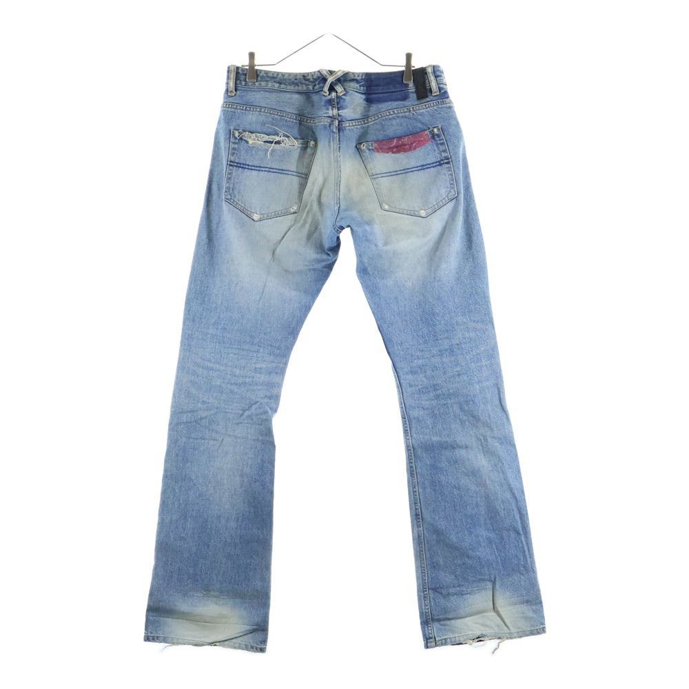 ISAMU KATAYAMA BACKLASH(イサムカタヤマバックラッシュ) ペイズリーレザーパッチワーク ダメージ加工 デニム フレアパンツ インディゴ 1348-03
