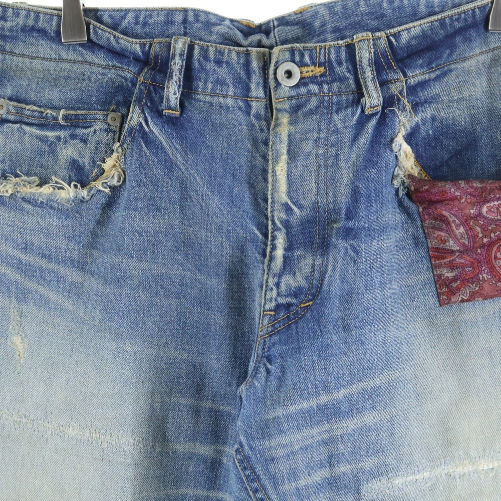 ISAMU KATAYAMA BACKLASH(イサムカタヤマバックラッシュ) ペイズリーレザーパッチワーク ダメージ加工 デニム フレアパンツ インディゴ 1348-03