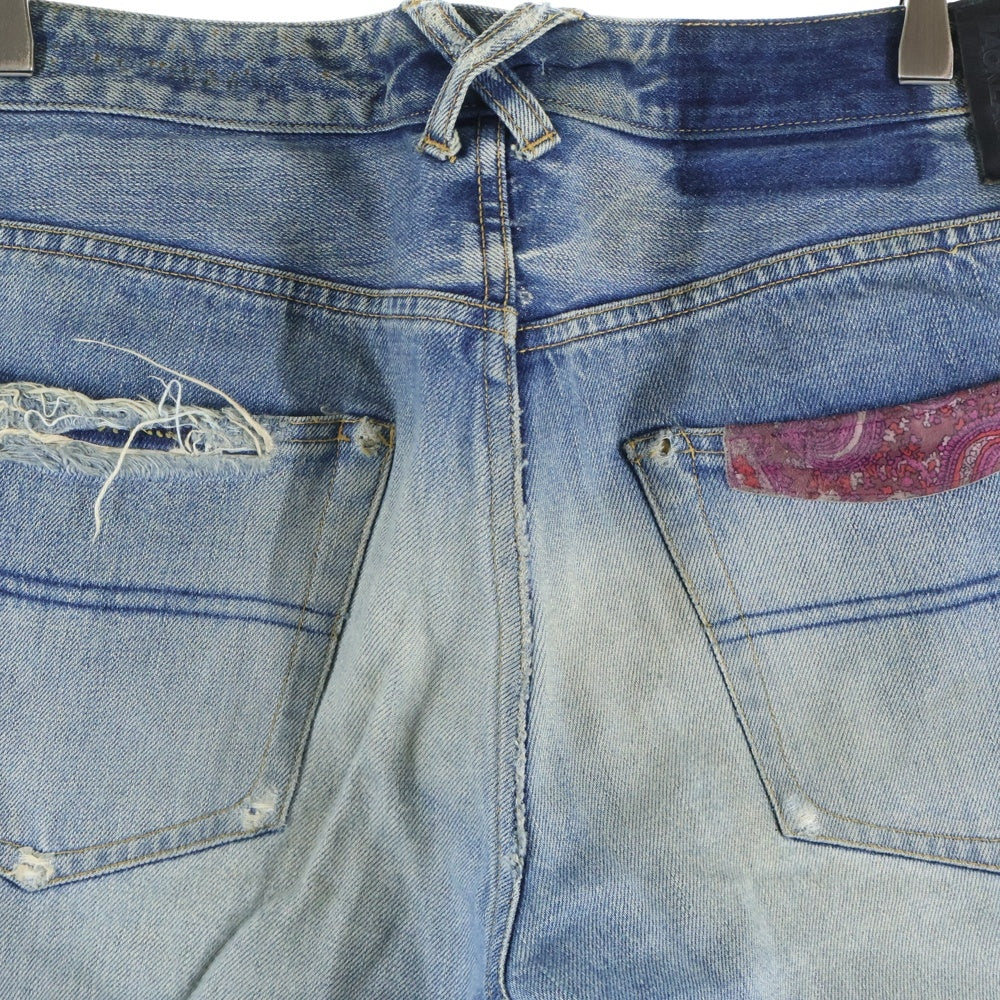 ISAMU KATAYAMA BACKLASH(イサムカタヤマバックラッシュ) ペイズリーレザーパッチワーク ダメージ加工 デニム フレアパンツ インディゴ 1348-03