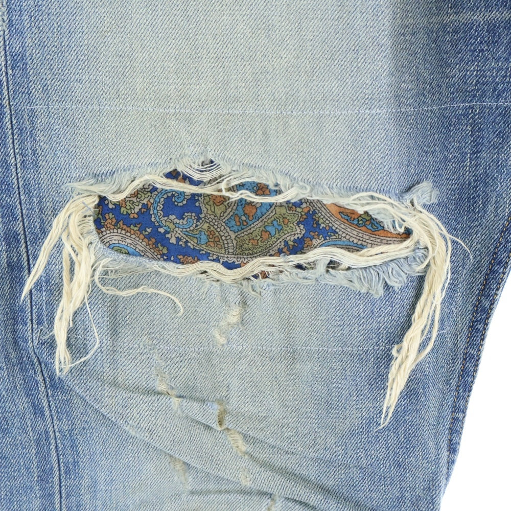 ISAMU KATAYAMA BACKLASH(イサムカタヤマバックラッシュ) ペイズリーレザーパッチワーク ダメージ加工 デニム フレアパンツ インディゴ 1348-03