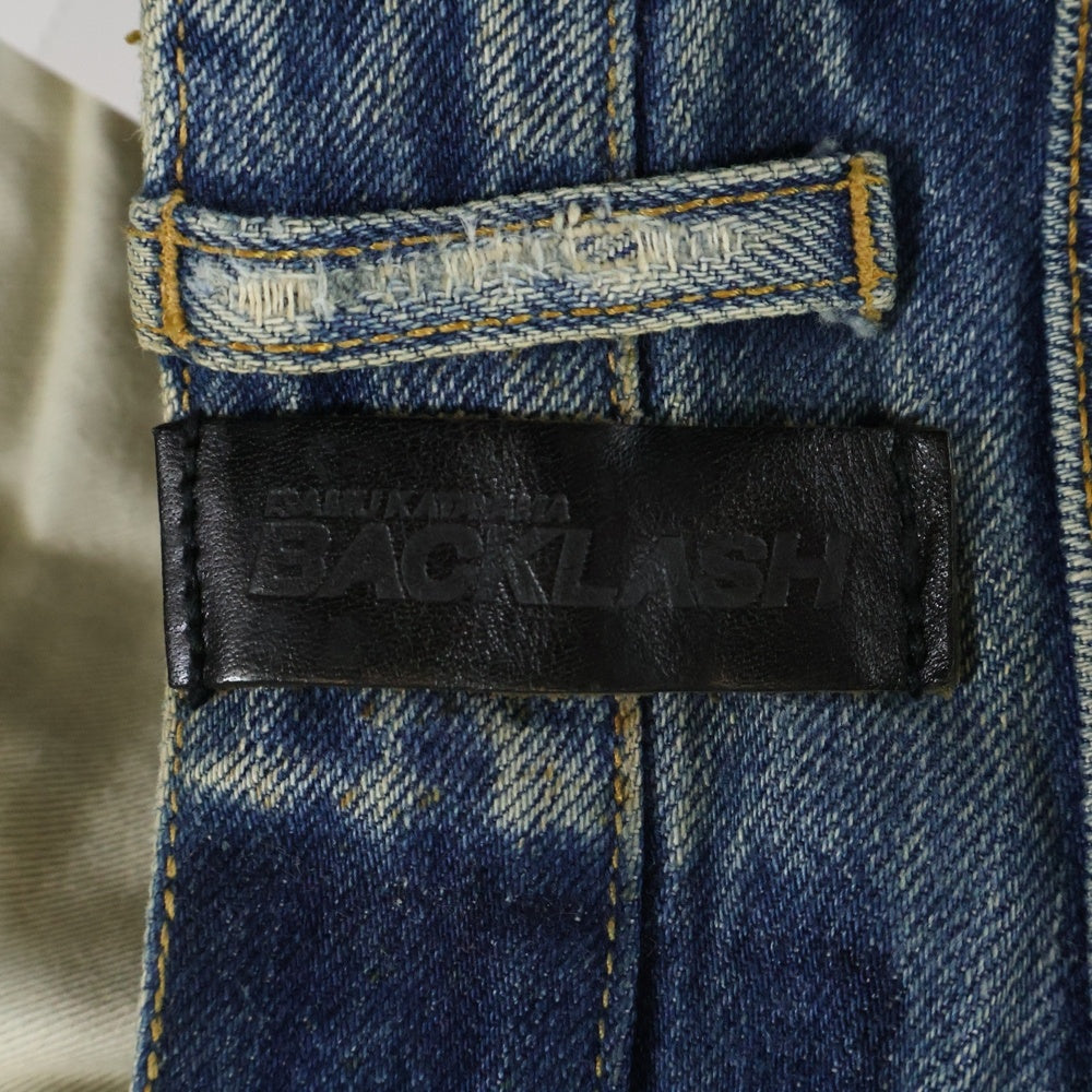 ISAMU KATAYAMA BACKLASH(イサムカタヤマバックラッシュ) ペイズリーレザーパッチワーク ダメージ加工 デニム フレアパンツ インディゴ 1348-03